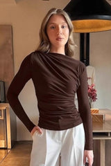 Vintage Brown Crew Neck Slim Waist Long Sleeve Base Layer