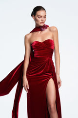 Velvet Strapless Backless Split Maxi Party Dress