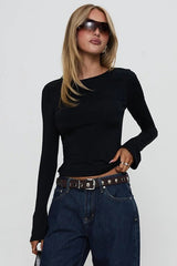 Solid Back-Tie Backless Long-Sleeve Slim Blouse