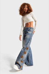 Loose Fit High Waist Floral Embroidered Jeans