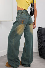 Embroidered Washed Retro Wide-Leg Jeans