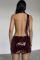 Backless Halter Neck Deep V Sequin Bodycon Mini Dress