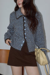 Retro Color Block Stripe Collar Loose Cardigan