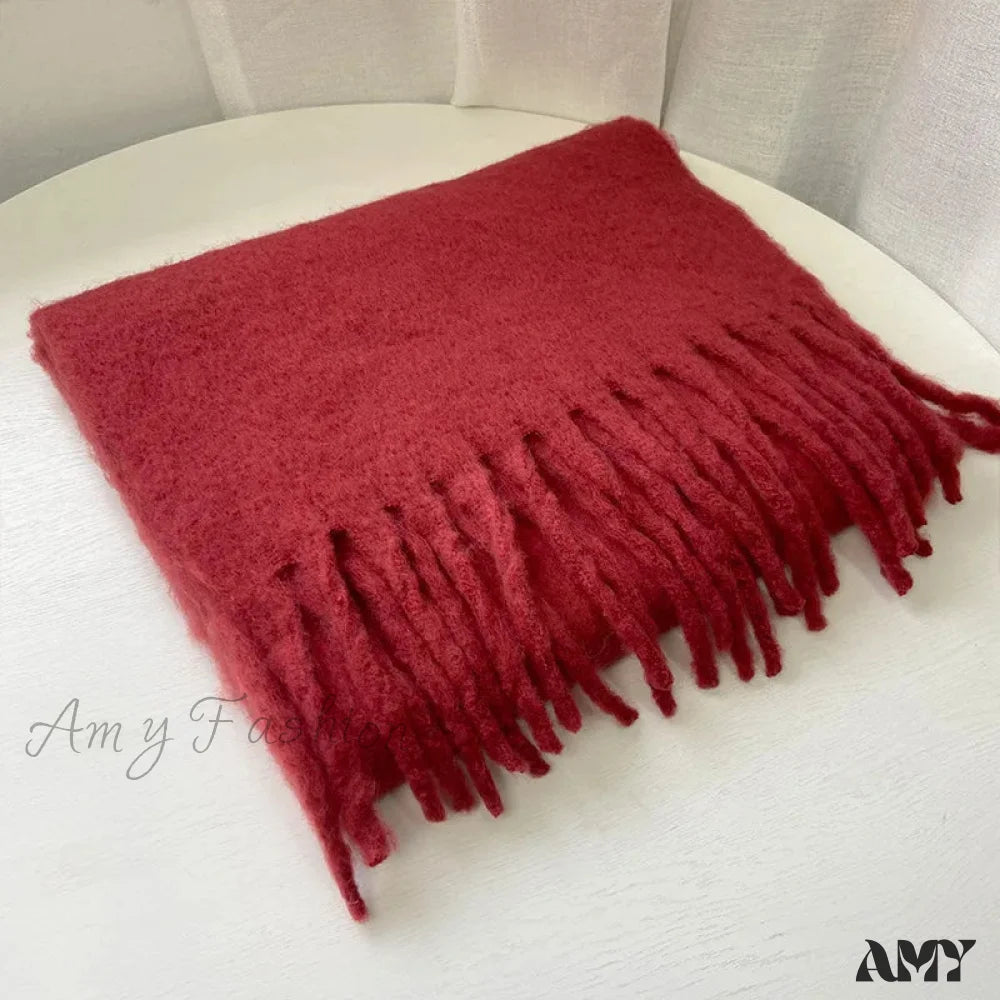 28-Color Long Muffler Soft Thick Mohair Warm Scarf Dark Bordeaux / L227Cm W43Cm