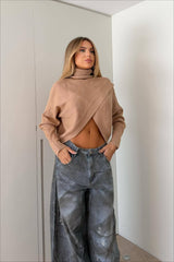 Cross Front Hem Cropped Turtleneck Knit Sweater