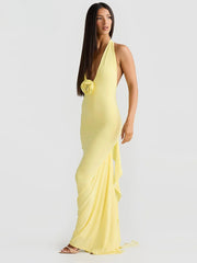 Halter Ribbon V-neck Maxi Floral Dress