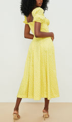 Vintage Floral Puff Sleeve Midi Dress in YelLow