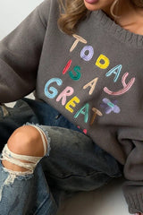 Casual Embroidered Letter Relaxed Fit Knit Sweater