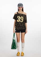 Camouflage Off-Shoulder Short-Sleeved