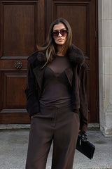 Faux Fur Collar Belted Suede Look Jacket