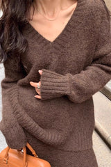 Lazy V-neck Knit Sweater Mermaid Skirt Two Piece Set