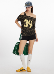 Camouflage Off-Shoulder Short-Sleeved