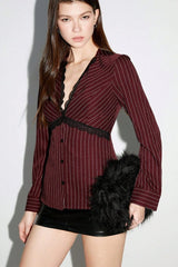 Striped Lace Trim Long-Sleeve Slim Blouse