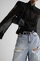 Mesh Sheer Long-Sleeve Loose Chic Blouse
