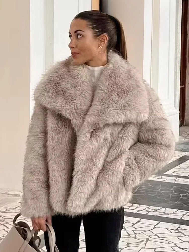 Fashion Faux Fur Cropped Autumn Winter Lapel Long Sleeve Thick Warm Chic Coat