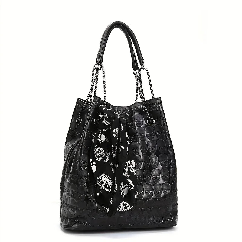 Trendy Tote Gothic Crossbody Scarf Decor Print Shoulder Bag Skull Punk