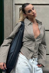 Plaid Tie-Waist Long-Sleeve Blouse