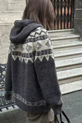 Retro Fair Isle Hooded Horn Button Loose Knit Cardigan