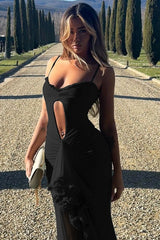 Lace Cutout Mesh Spaghetti Strap Asymmetrical Party Dress