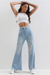 Washed Blue Ripped Patchwork Raw Hem Slim Fit Flare Jeans