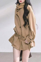 French Hepburn Stand Collar Belted Loose Slim Coat