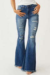 Slim Stretch Mid Waist Distressed Fringe Vintage Flare Jeans