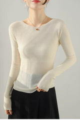 Chic White Boat Neck Fine Wool Long Sleeve Base Layer