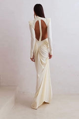 Long-Sleeve Ruched Color-Block Cutout Waist Slim Party Dress