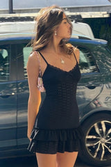 Lace Panel Cutout V Neck Bow Tiered Slip Dress