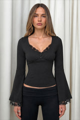 Lace Trim Button Front Bell Sleeve T-shirts
