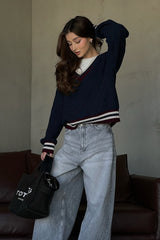 Casual Striped Color Block V-Neck Loose Knit Sweater