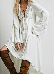 Long Sleeve Embroidered Cotton Vintage Boho Dress