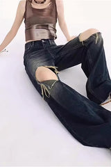 Vintage Distressed Raw Hem Low-Rise Wide-Leg Jeans