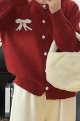 Soft Bow Jacquard Round Christmas Cardigan