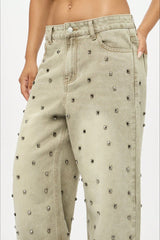 Edgy Retro Metal Bead Full-Diamond Low-Rise Straight Jeans