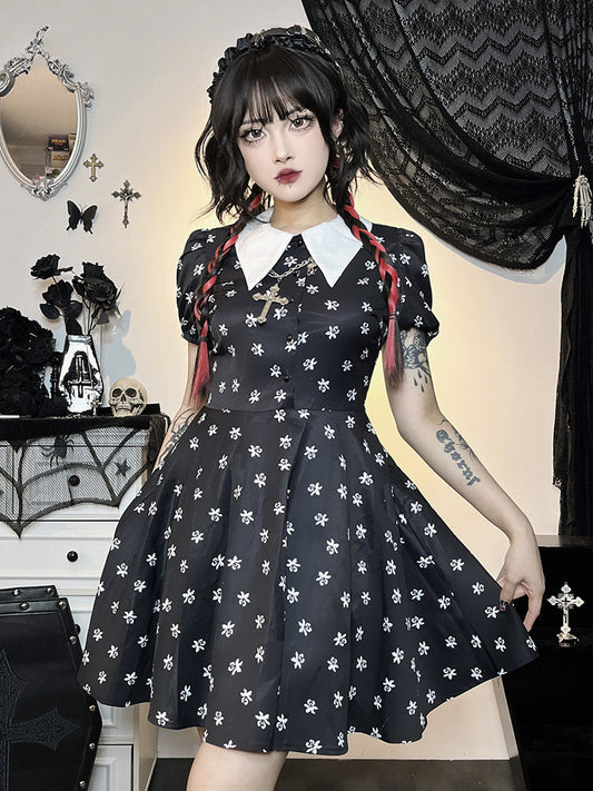 Bodycon Swing Down A-Line Print Cloak Dress Short Sleeve Collar Turn Gothic Punk