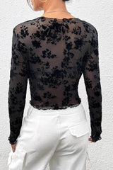 Black Mesh Crewneck Long-Sleeve Sexy Blouse