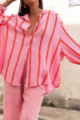 Striped Long-Sleeve Cardigan Blouse