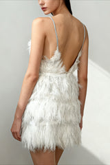 Deep V Feather Patchwork Short Slip Dress