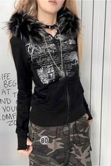 Y2K Faux Fur Collar Rhinestone Zip-Up Hoodie
