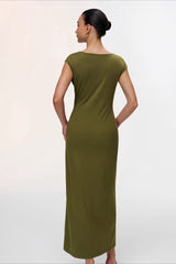 Slim Sleeveless Buckle High Slit Work Dress