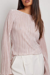 Pleated Slim Flared-Sleeve Back-Tie Blouse