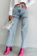 High-Waisted Washed Ripped Chain Straight Leg Jeans