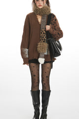 Leopard Print Patchwork V Neck Chic Knit Cardigan