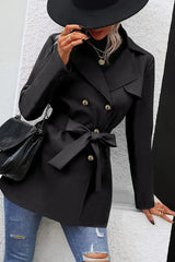 Solid Double-Breasted Tie Waist Mid-Length Trench Coat