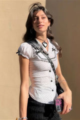 Polka Dot Bow-Accent Puff-Sleeve Collared Blouse