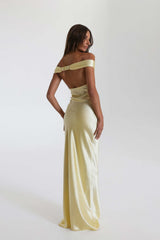 Satin Off-Shoulder Fishtail Maxi Party Dress