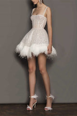Feather Sequin Strapless Party Dress