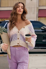 Contrast Color V Neck Long Sleeve Loose Cardigan