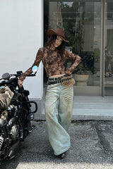 Leopard Print Flocked Slim Long-Sleeve Blouse